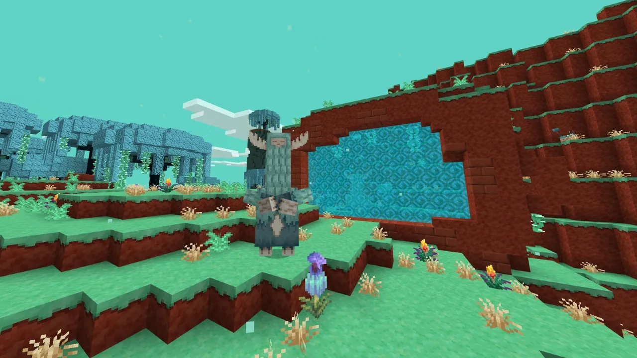 The Sift Dimension addon: Armored player beside a red cliff with water portal