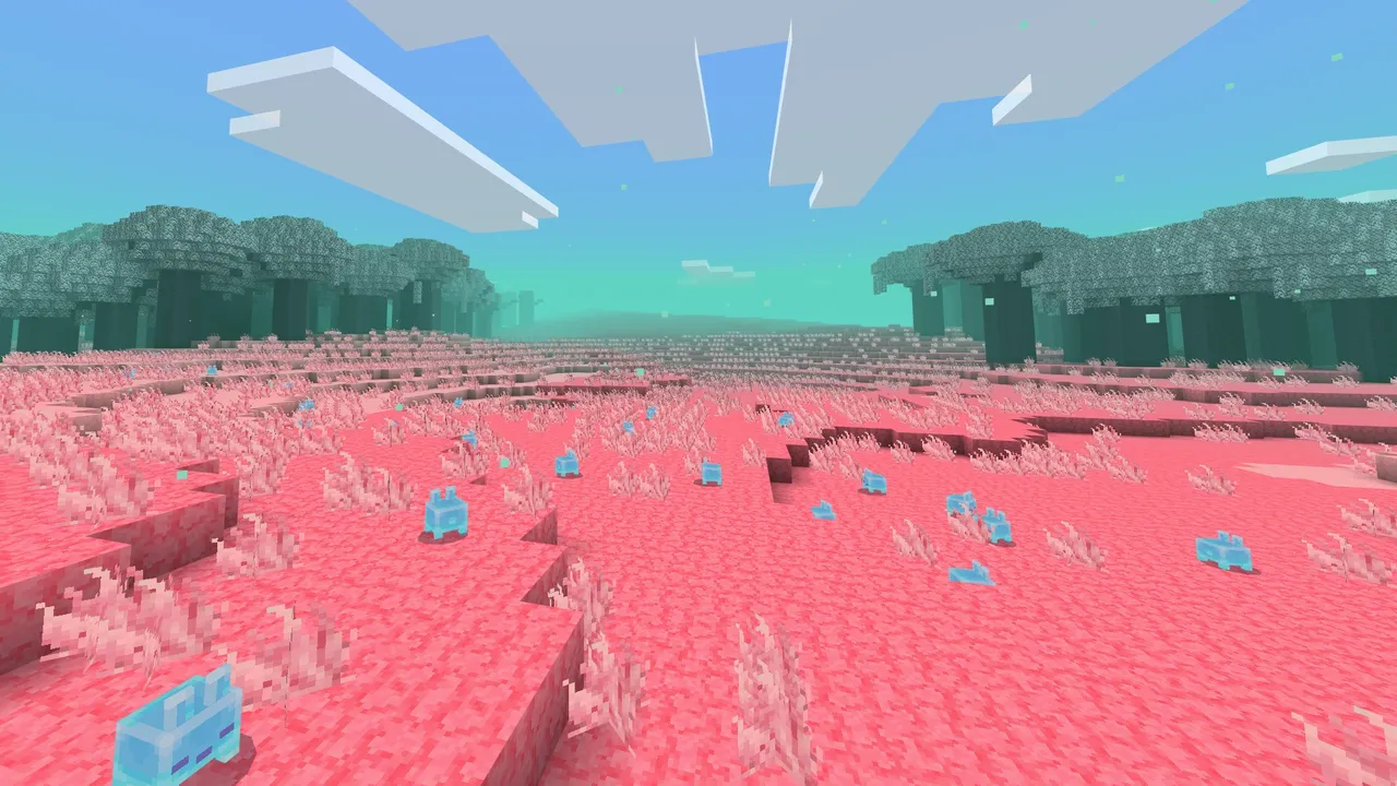 The Sift Dimension addon: Many blue creatures across a pink meadow