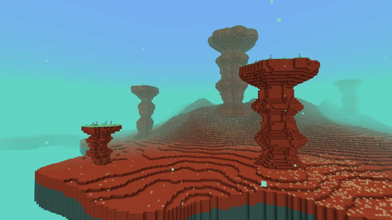 The Sift Dimension addon: Tall red rock pillars on a floating island