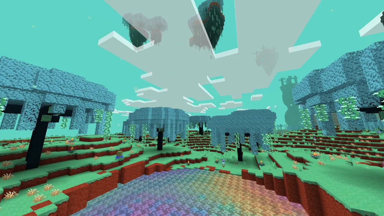 The Sift Dimension addon: Teal trees and rainbow ground under floating islands