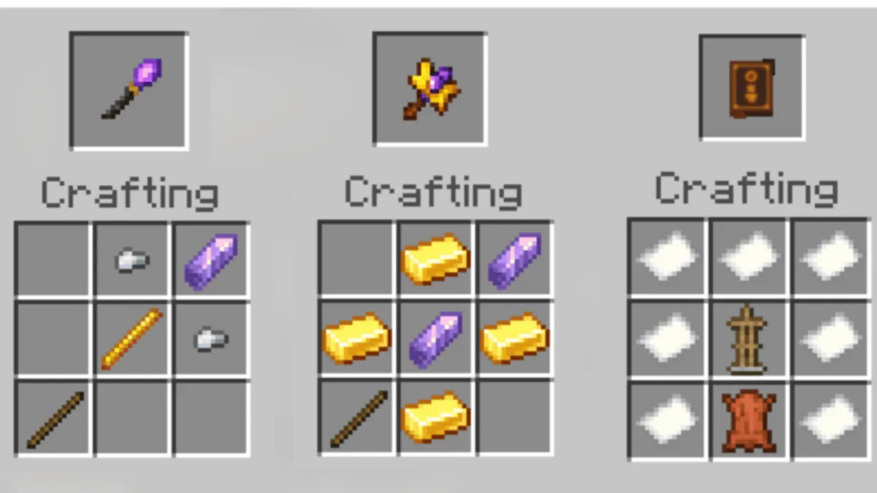 The Ultimate Morph addon: Crafting recipes for purple staff, golden axe, and book