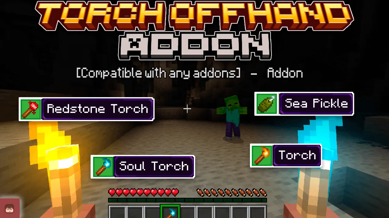 Torch OffHand addon for Minecraft PE: Torch options in a cave