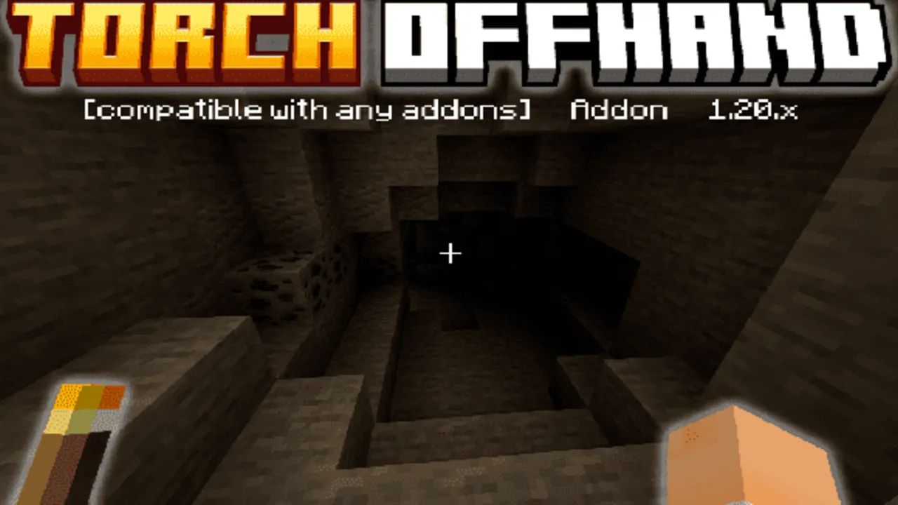 Torch OffHand addon: Player holding torch in dark cave