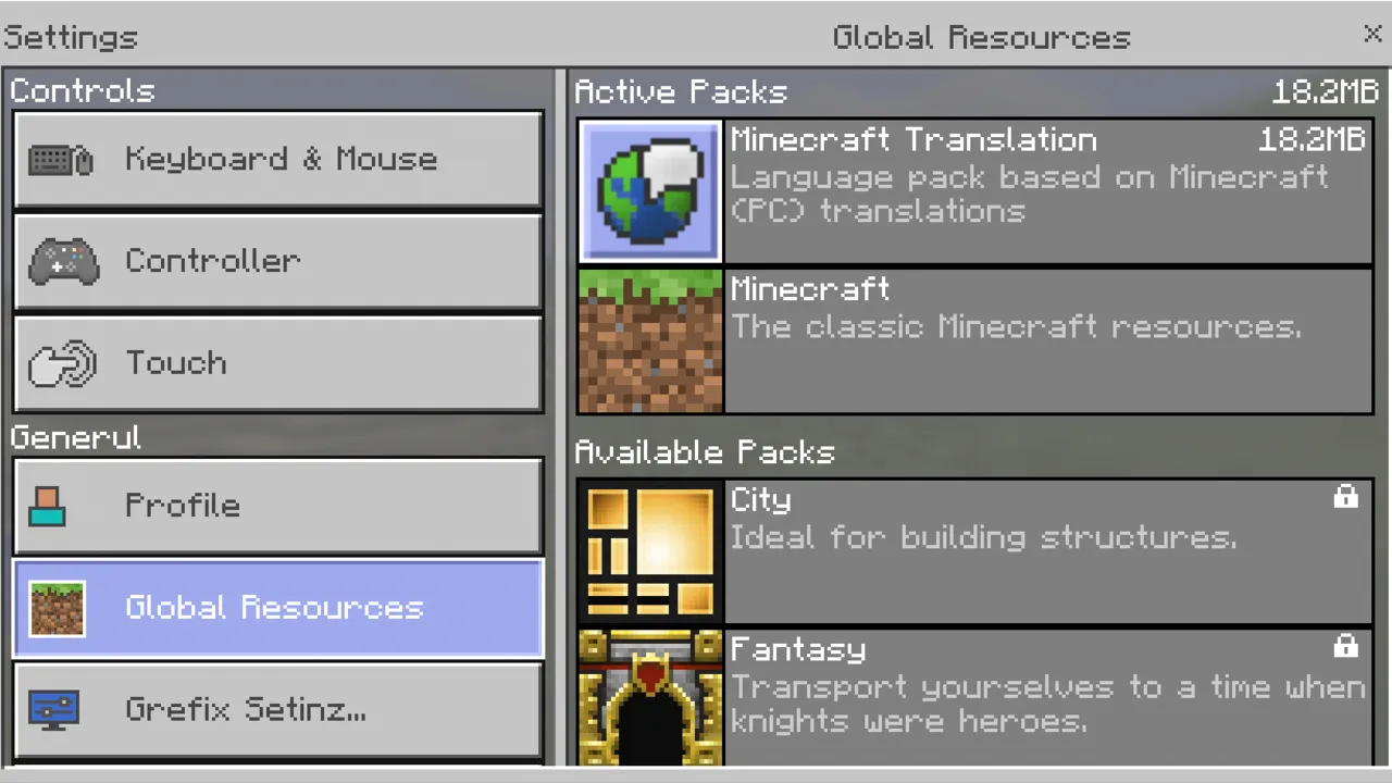 Translations addon for Minecraft PE: Settings menu with language packs
