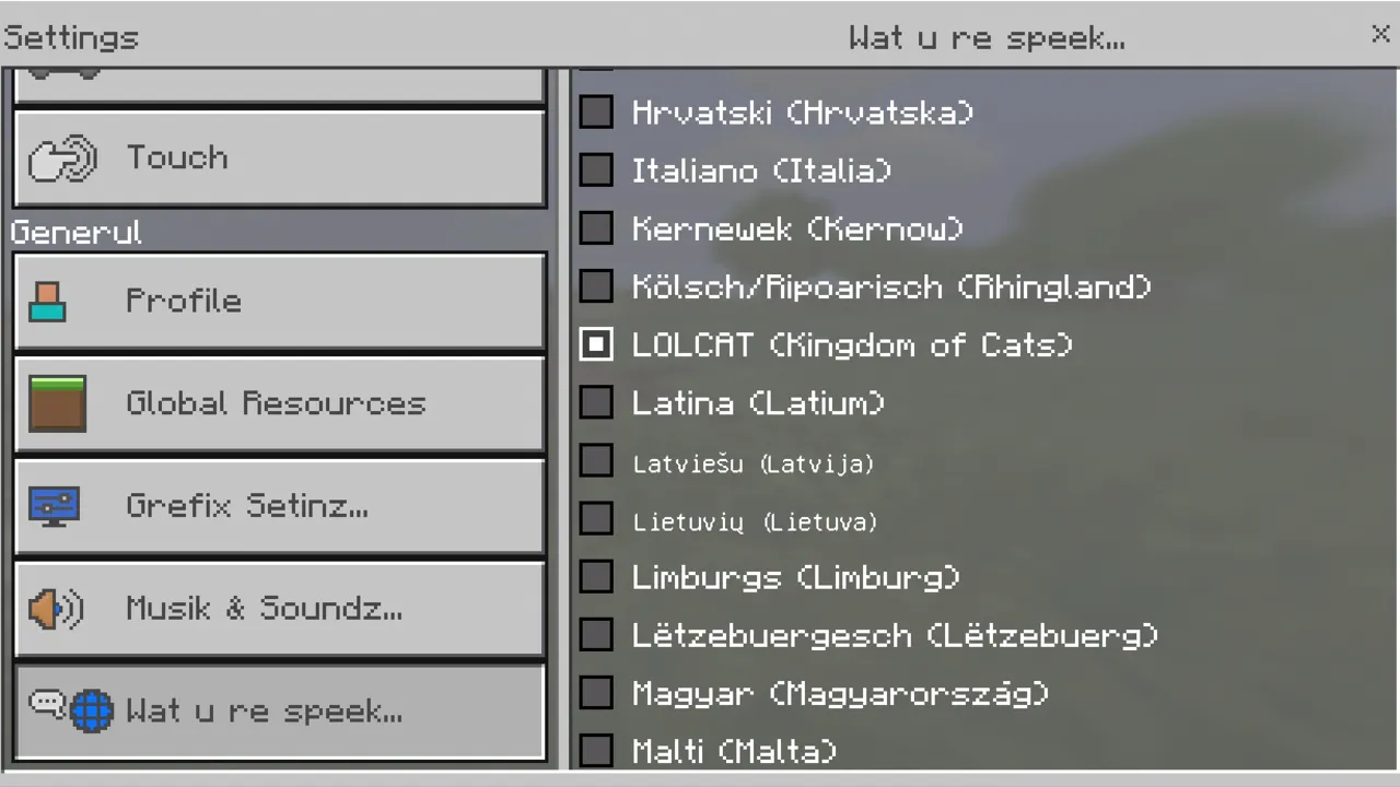 Translations addon: Language settings menu with list of options
