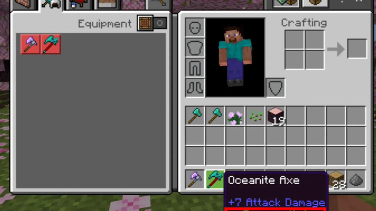 Tree Capitator addon: Player holding oceanite axe with tree capitator effect