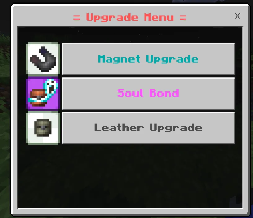 True Backpack addon: Upgrade menu with magnet soul bond leather options