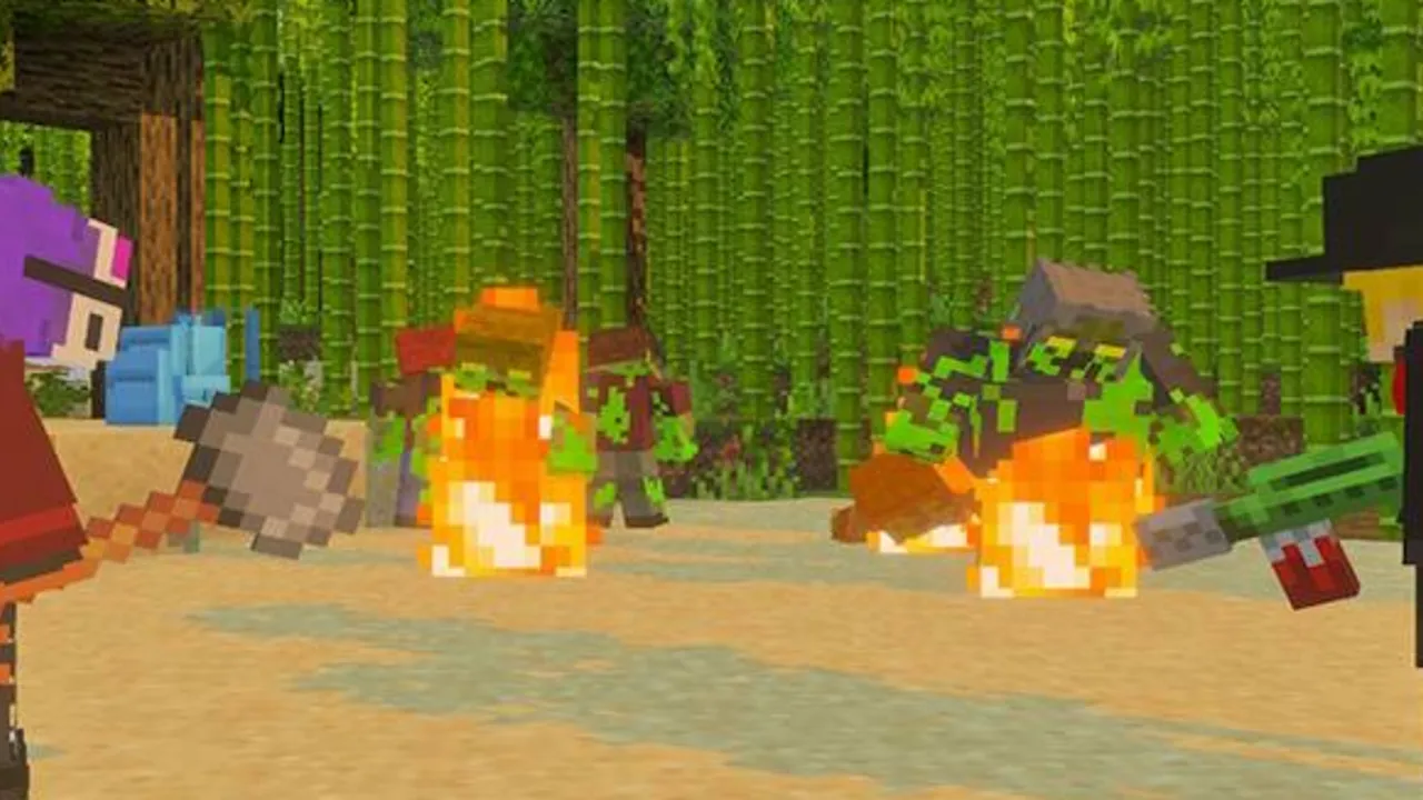 True Survival addon for Minecraft PE: Players fighting zombies in bamboo forest