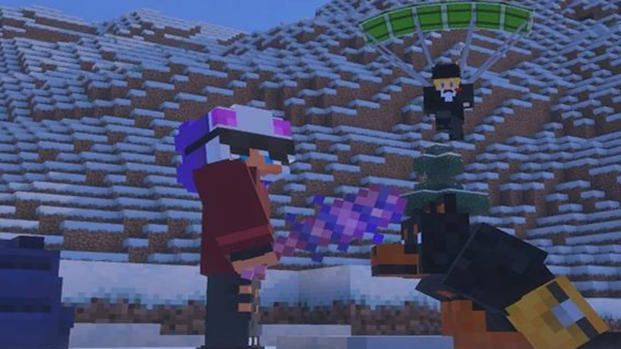 True Survival addon: Player with purple sword in snowy mountain