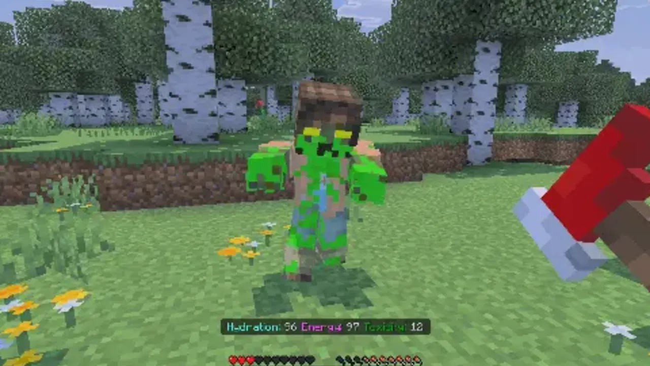 True Survival addon: Player holding red item near green creature