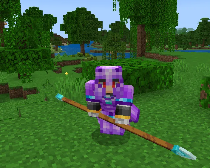 True Weapons addon: Purple player holding spear in grassy area