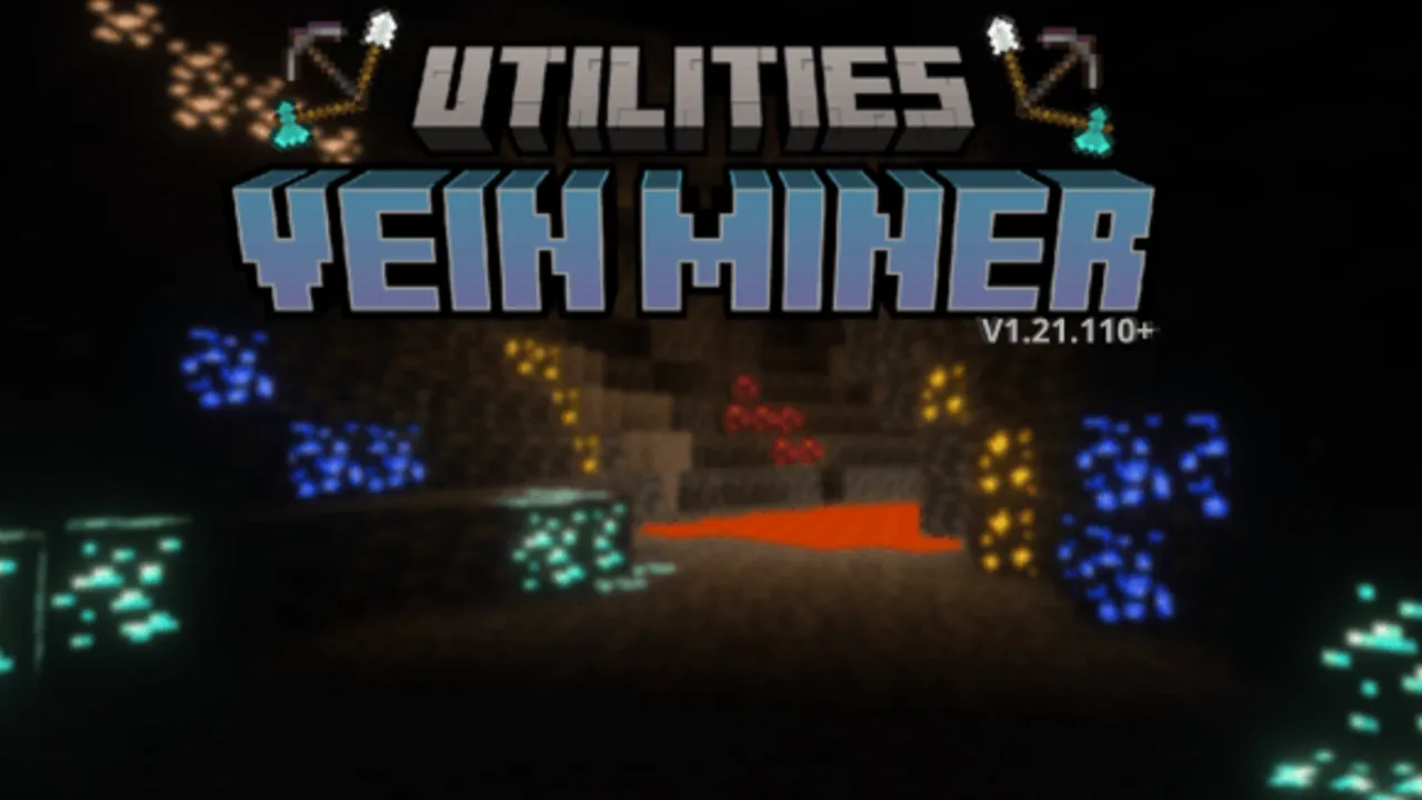 Utilities Vein Miner addon for Minecraft PE: Cave with glowing ores and tools