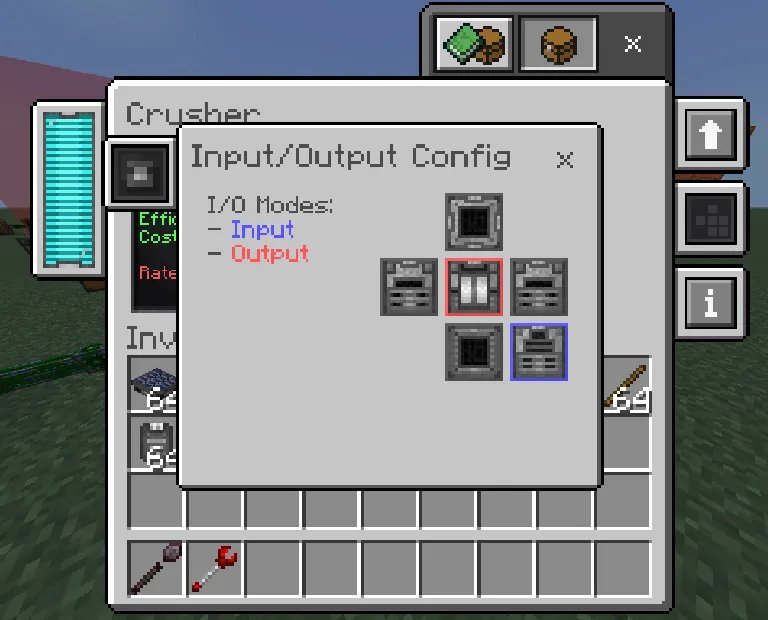 UtilityCraft addon: Crusher settings menu with input output options