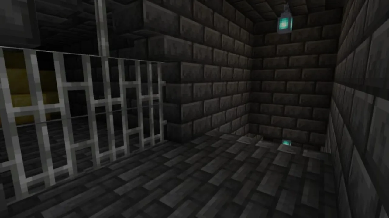 Vampire Craft addon: Dark stone room with iron bars and glowing lantern