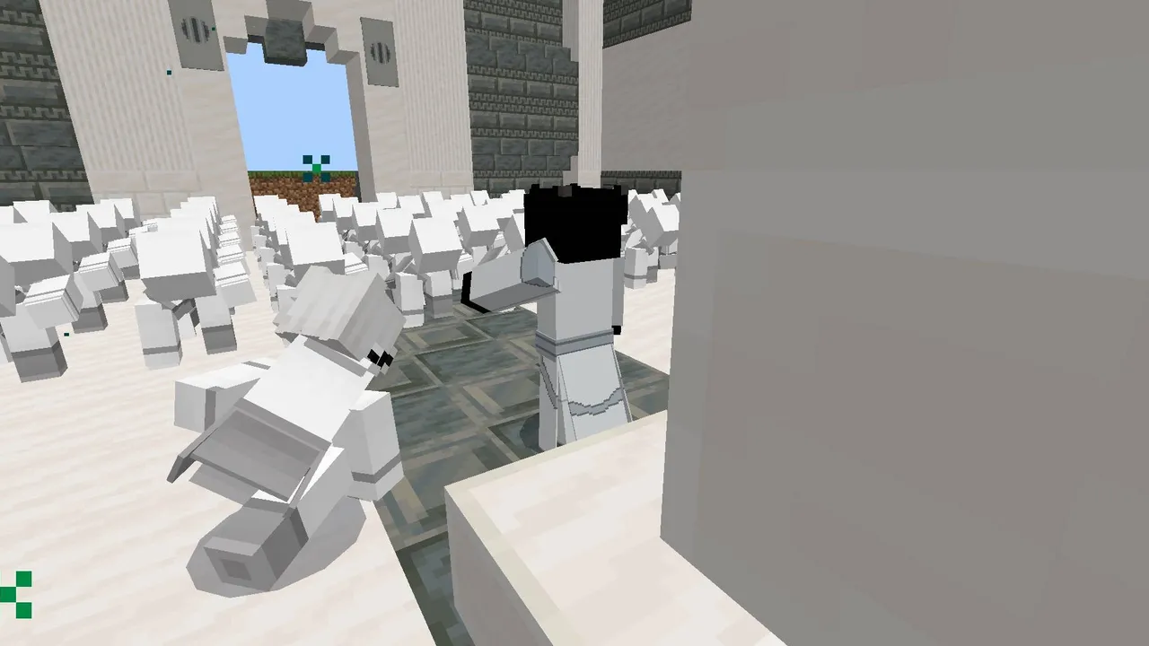 Viltrumite Addon for Minecraft PE: White armored characters in a stone room