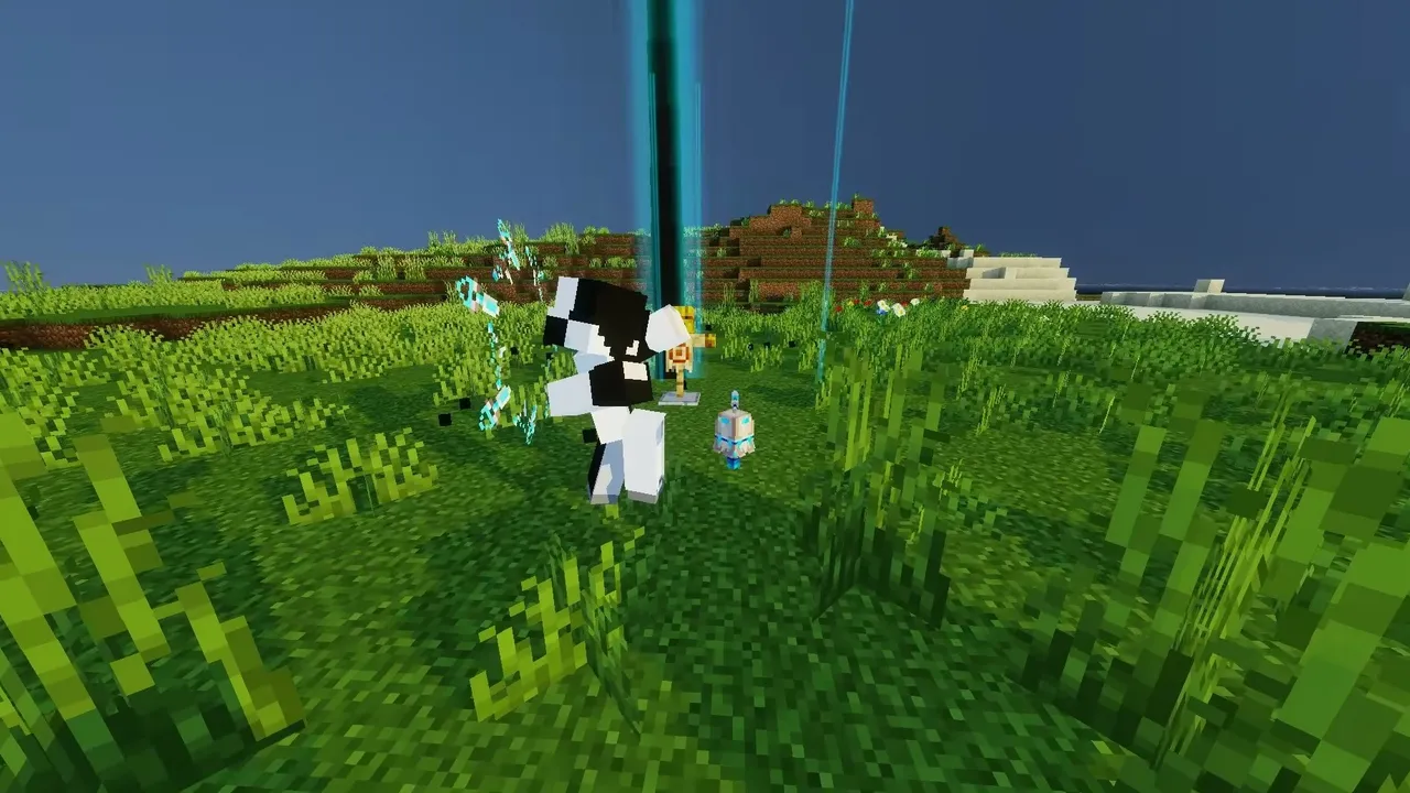 Wanderer Addon: Player with glowing sword in grass