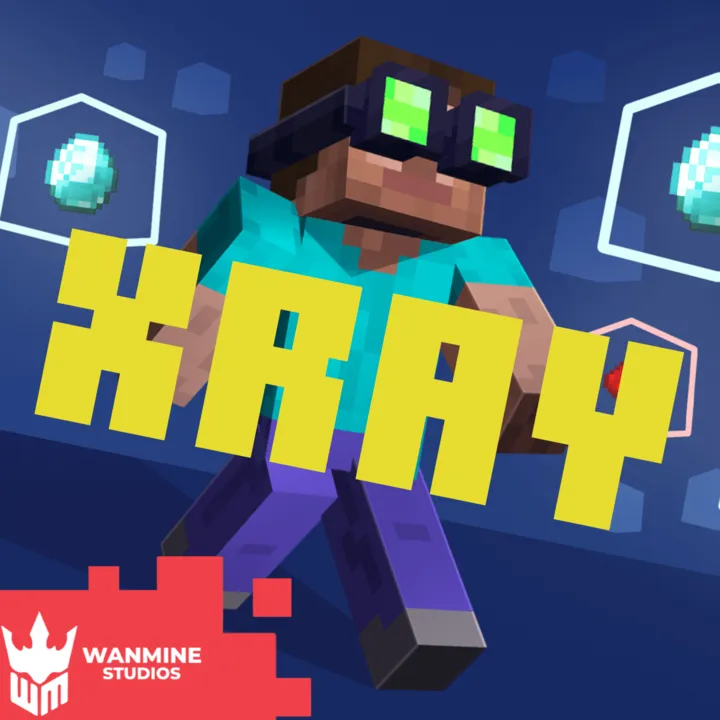 Wan's X-Ray Goggles Add-On for Minecraft PE: Player with glowing goggles and X-RAY text