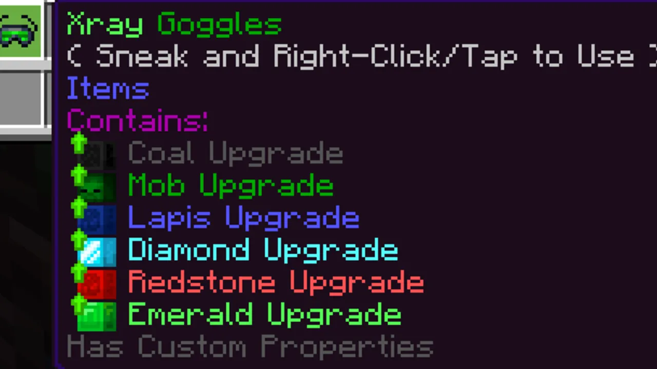 Wan's X-Ray Goggles Add-On: X-Ray Goggles item with upgrades list