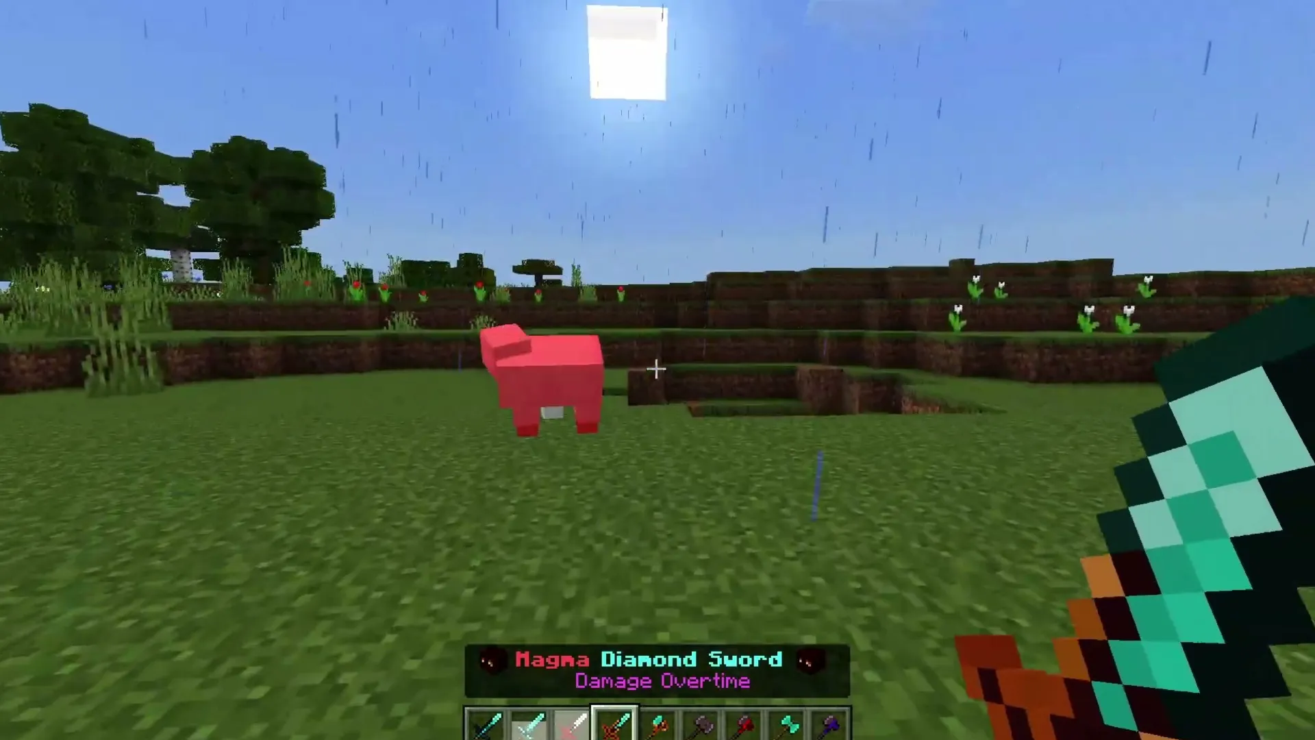 Weapon Combiner addon for Minecraft PE: Player holds magma diamond sword near pig
