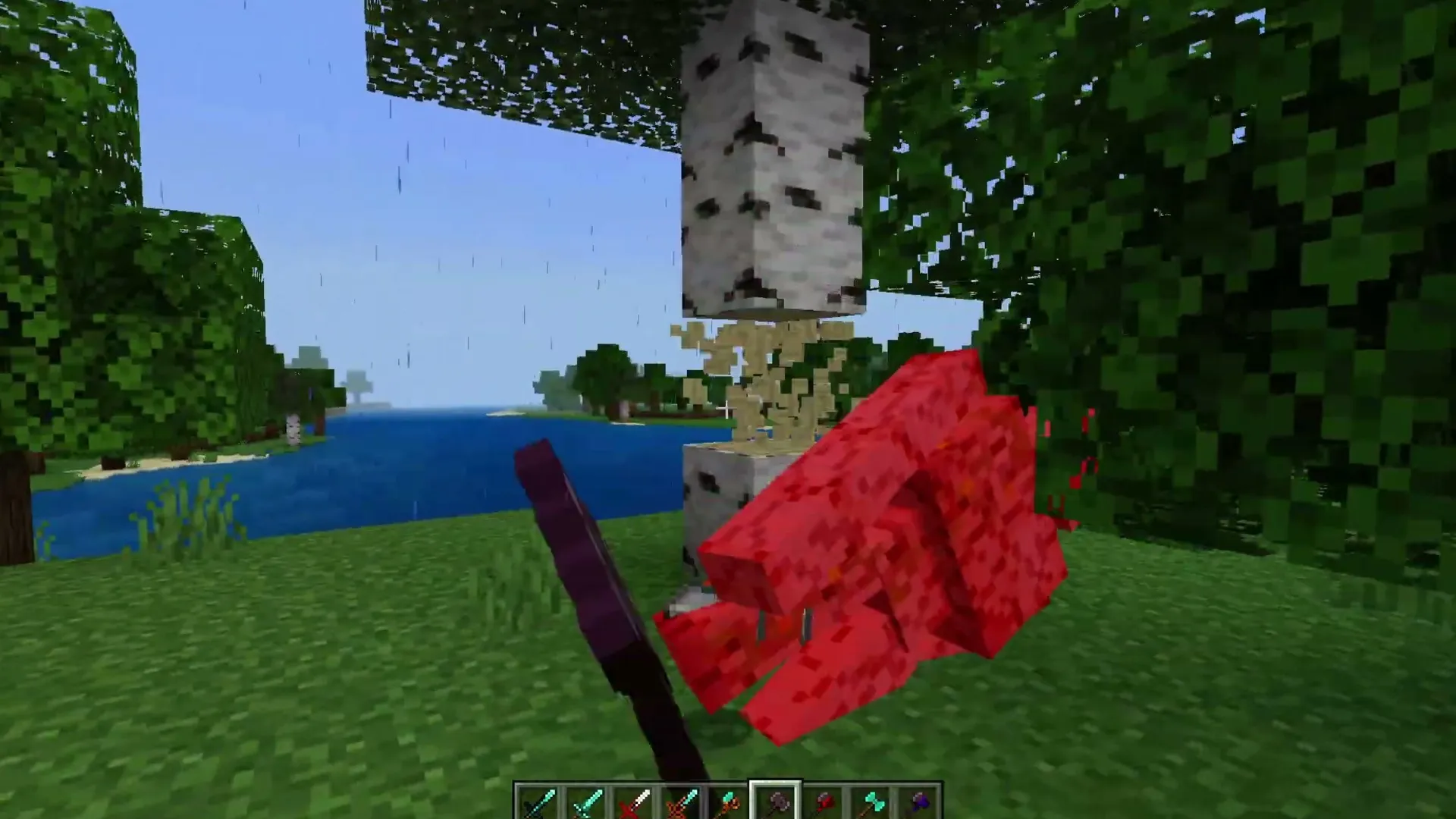 Weapon Combiner addon: Red weapon in hand near tree