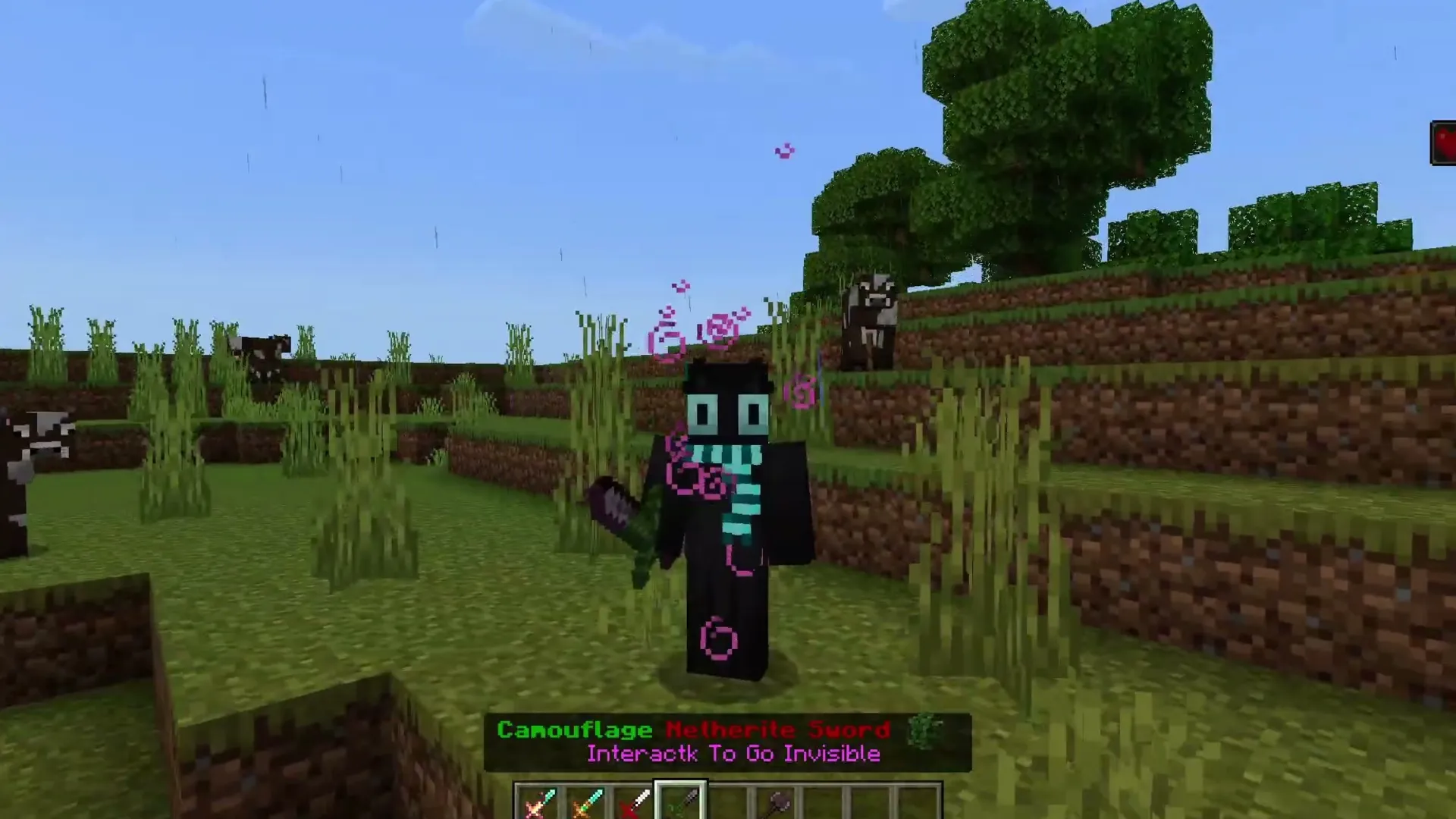 Weapon Combiner addon: Player holding camouflage sword in grassy field