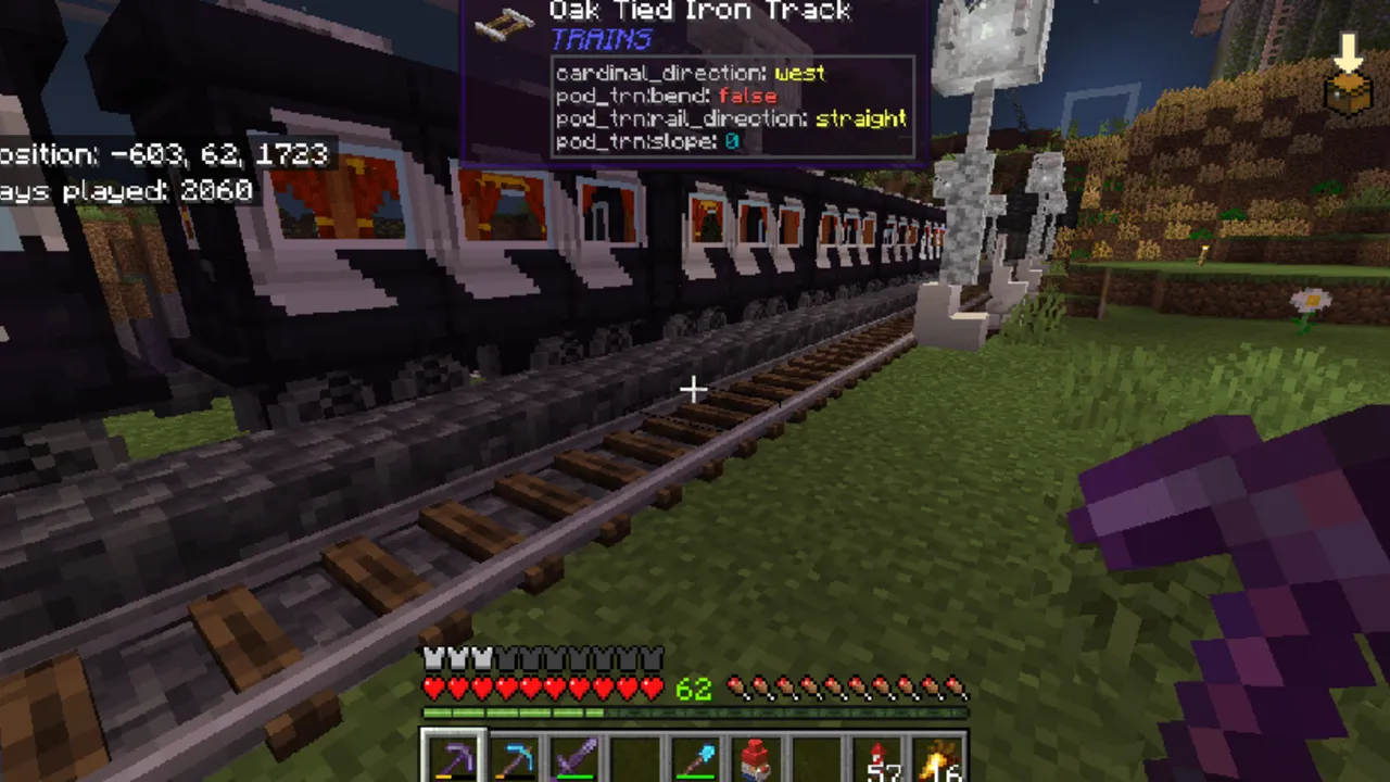 What Am I Looking At addon: Train on iron track with item info shown