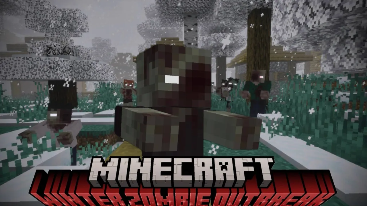 Winter Zombie Outbreak addon for Minecraft PE: Zombies in snowy forest with text