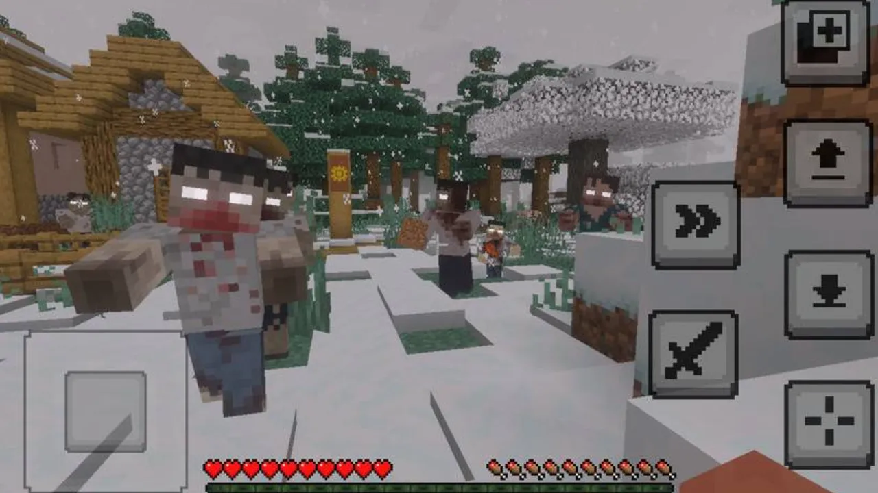 Winter Zombie Outbreak addon: Zombie in snowy village with UI controls