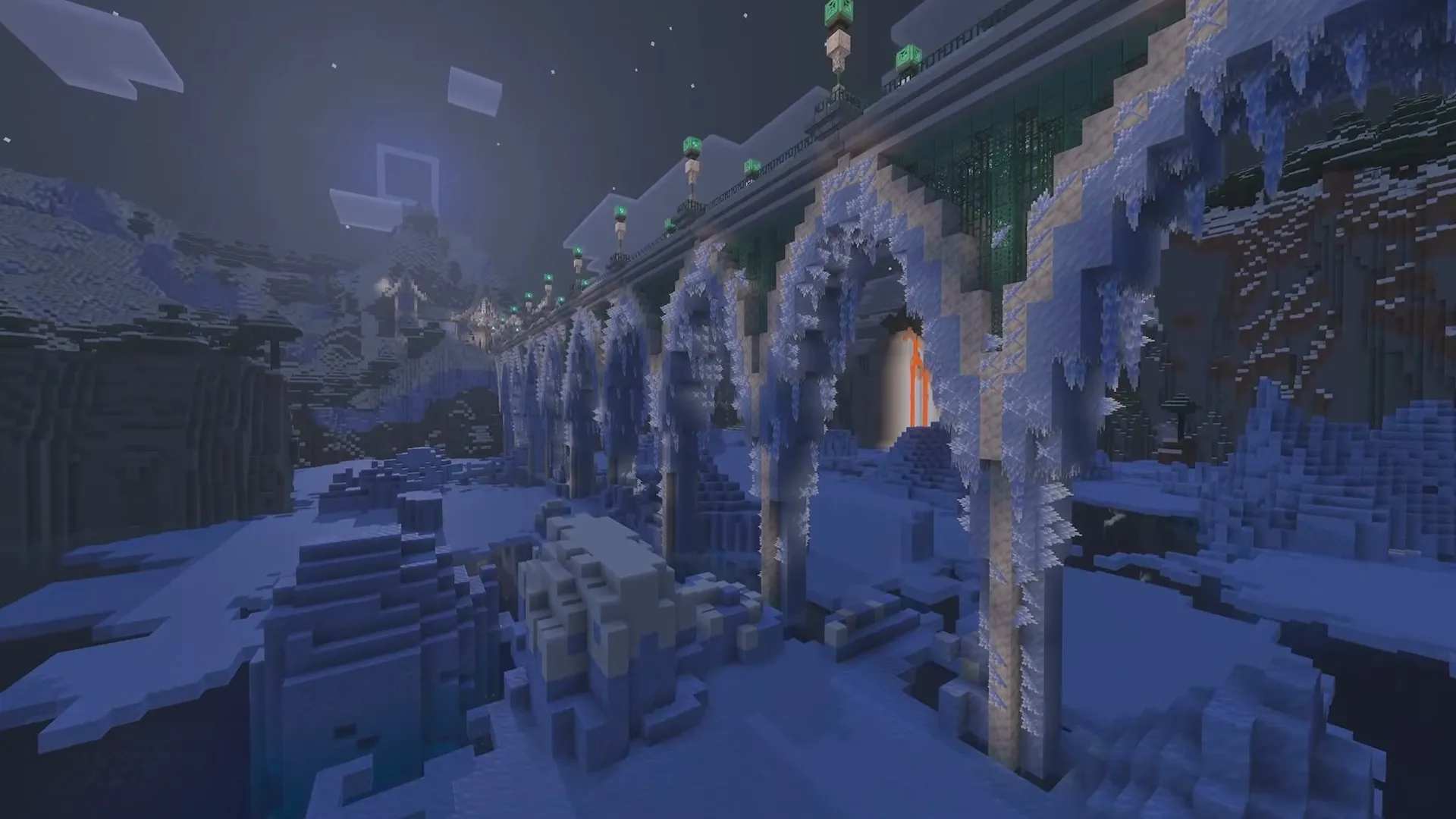 An ice cave with packed ice arches and icicles