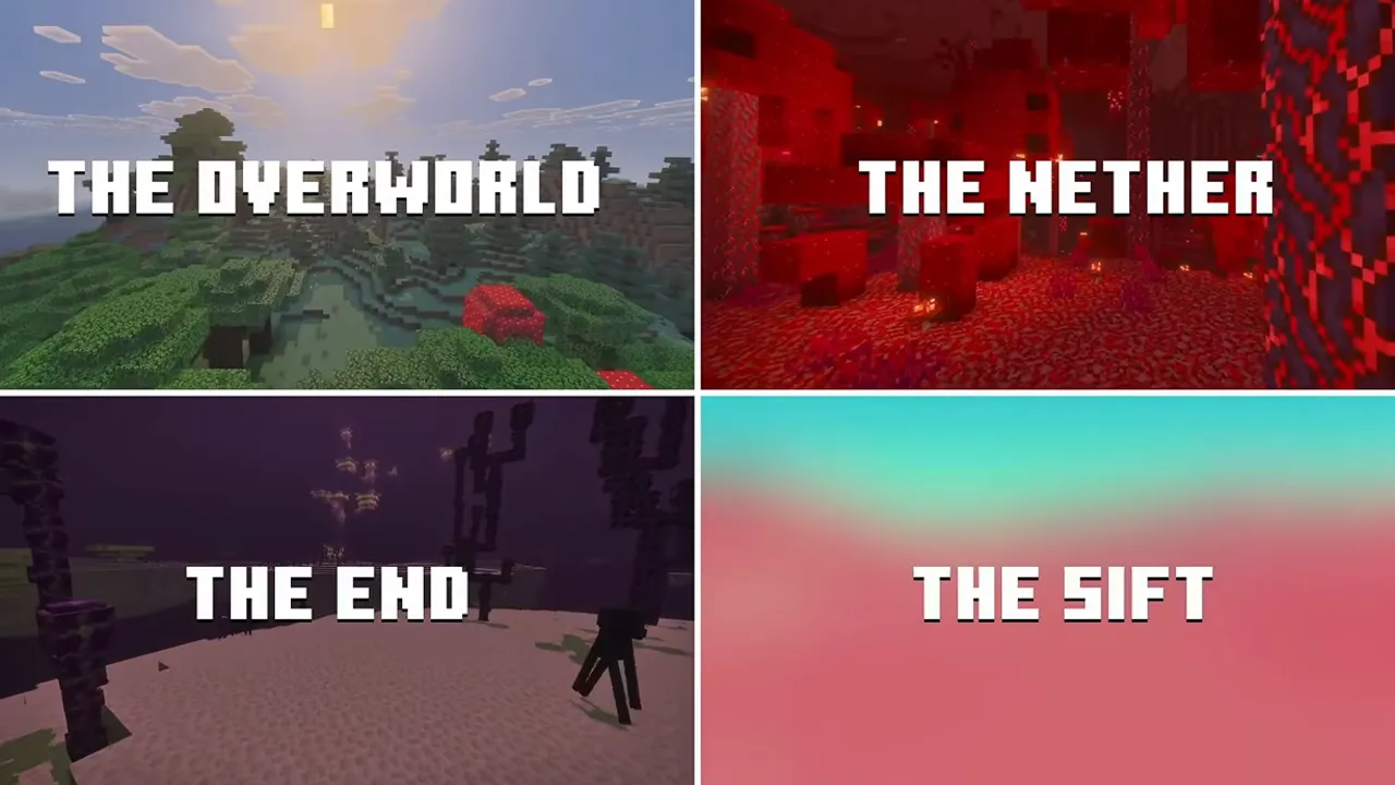 The four Minecraft dimensions: Overworld, Nether, End and The Sift