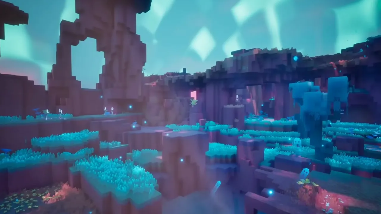 The Sift in Minecraft Dungeons II with glowing plants and rock arches