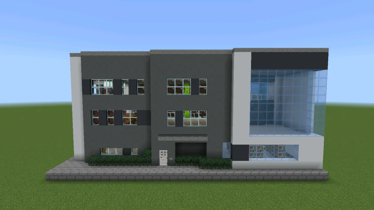 Modern Gray Office Structure, modern office building, at eye level from the front