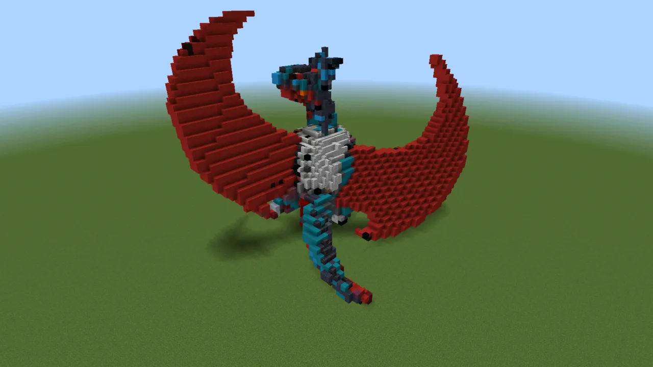 Red Winged Salamence Creature, pokemon statue, seen from the front left