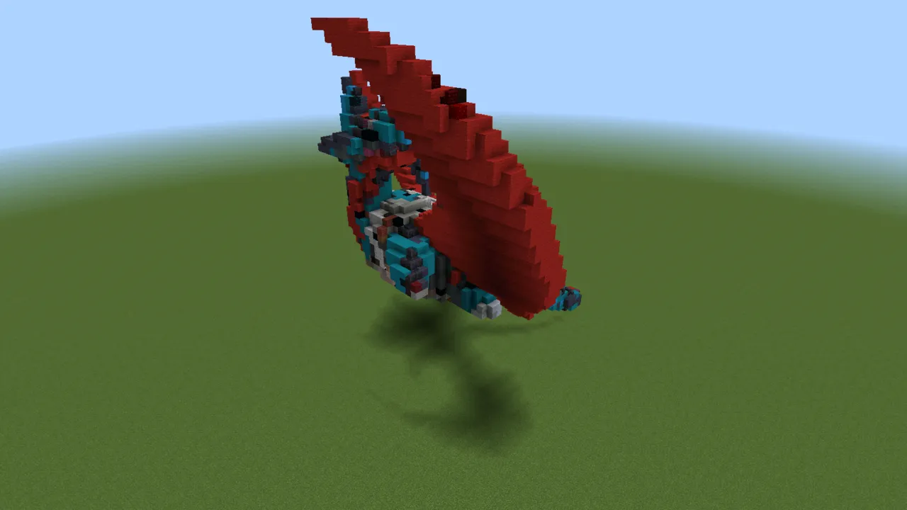Red Winged Salamence Creature, pokemon statue, seen from the front right