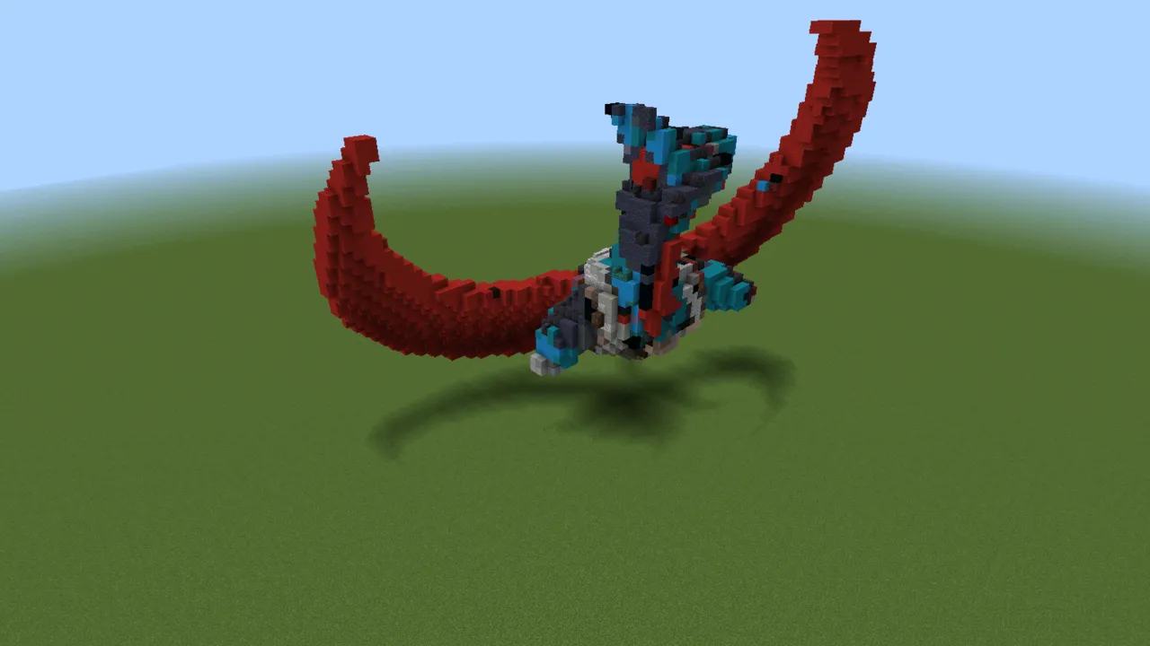 Red Winged Salamence Creature, pokemon statue, seen from the back right