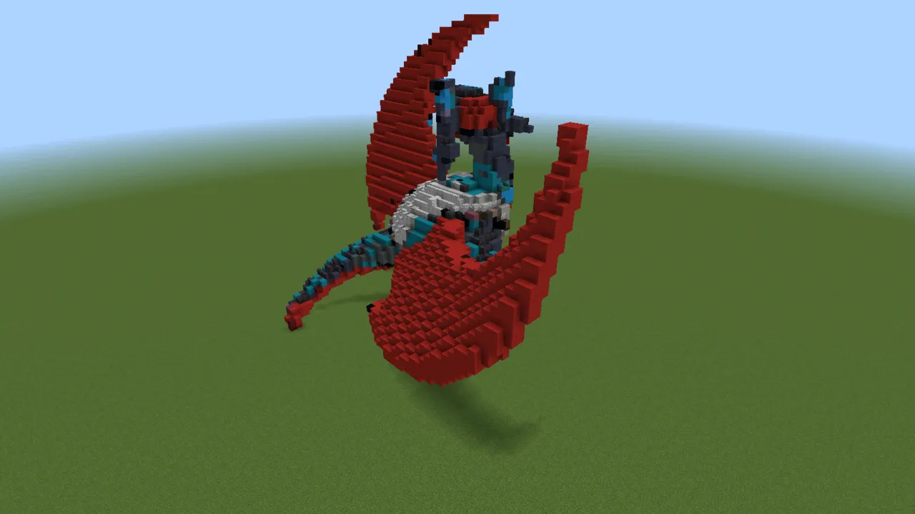 Red Winged Salamence Creature, pokemon statue, seen from the back left