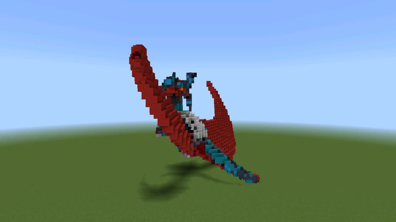 Red Winged Salamence Creature, pokemon statue, at eye level from the front