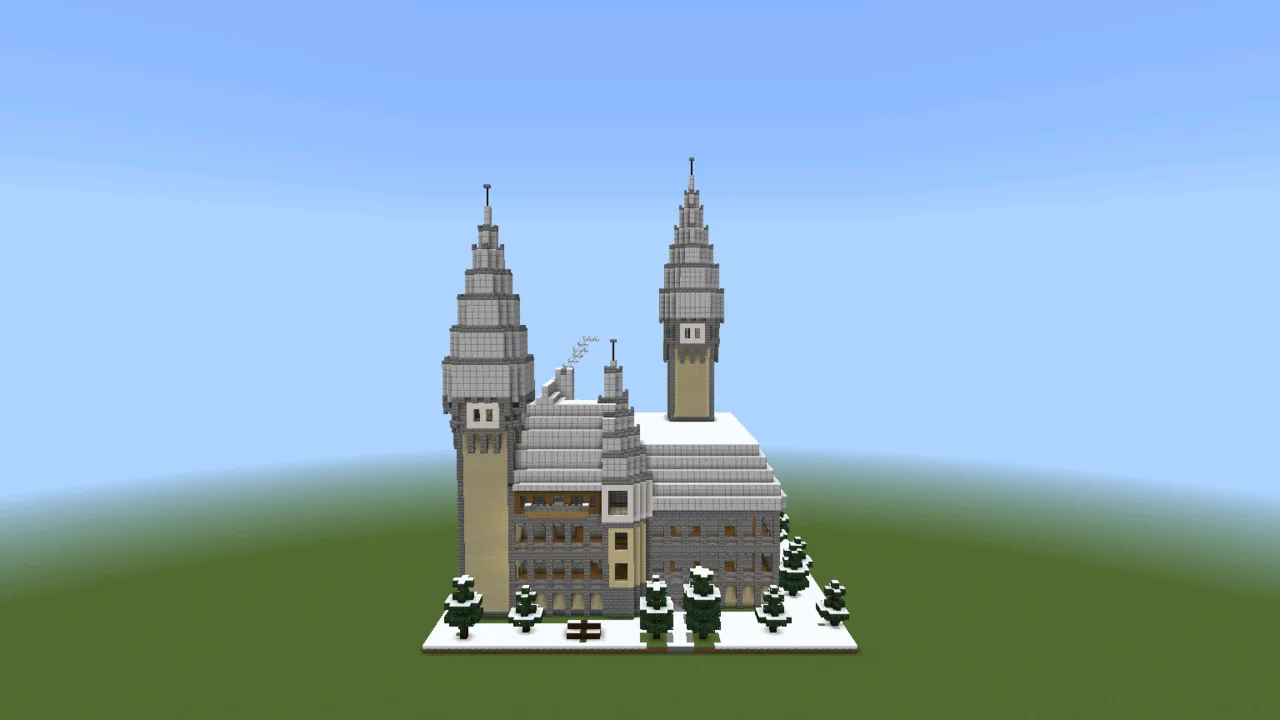 Snowy Winter Palace, fantasy castle, at eye level from the front