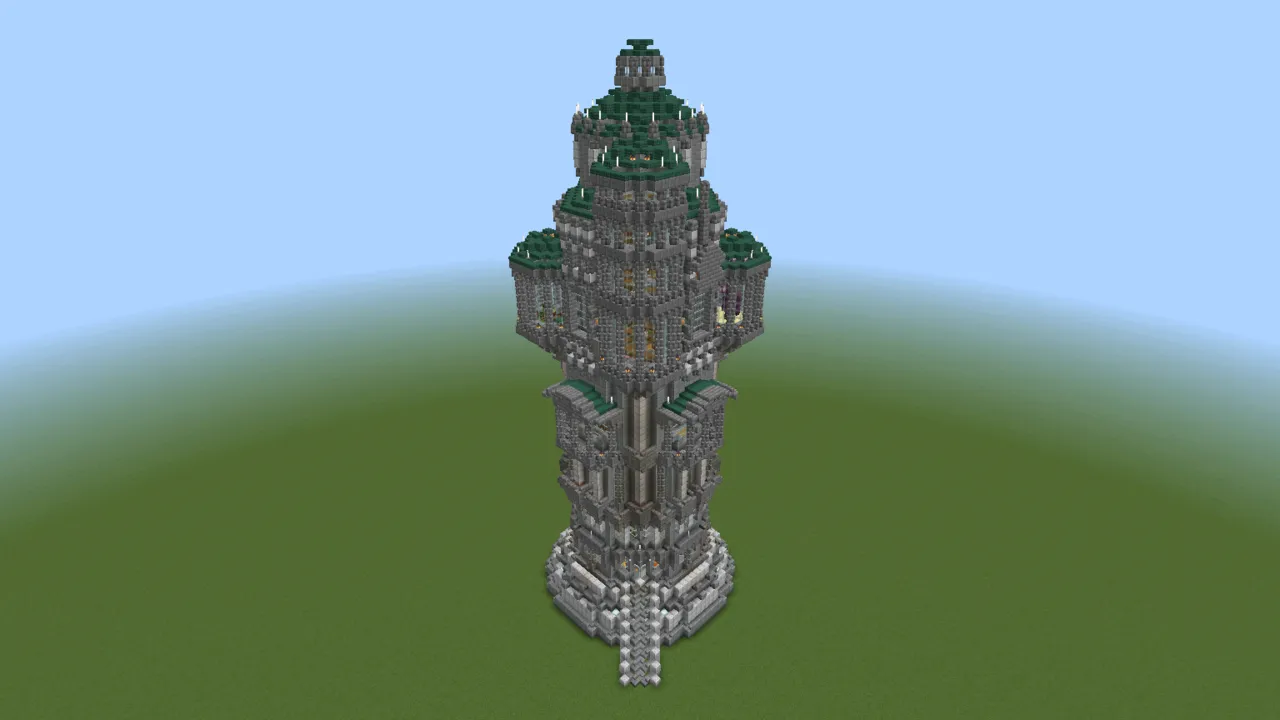 Tall Gray Fantasy Tower, fantasy tower, seen from the front right
