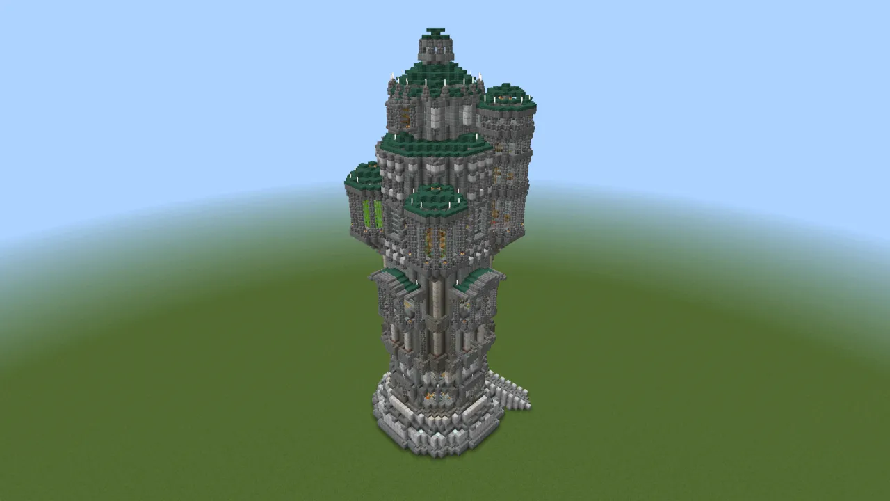 Tall Gray Fantasy Tower, fantasy tower, seen from the back right