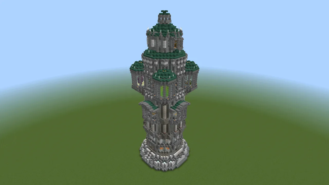 Tall Gray Fantasy Tower, fantasy tower, seen from the back left