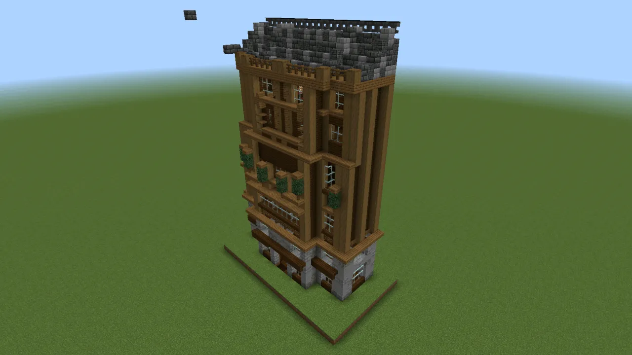 Tall Wooden Apartment Complex, wooden townhouse, seen from the front right