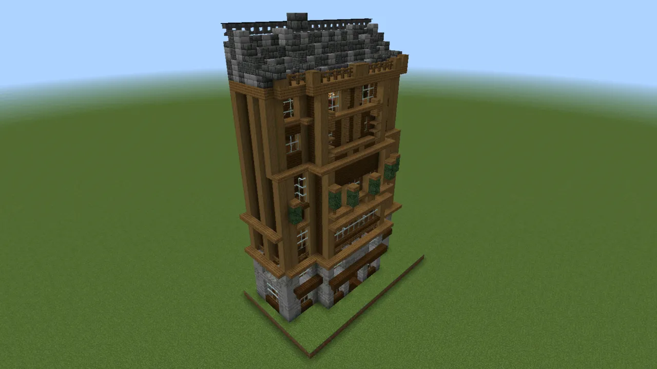 Tall Wooden Apartment Complex, wooden townhouse, seen from the back right