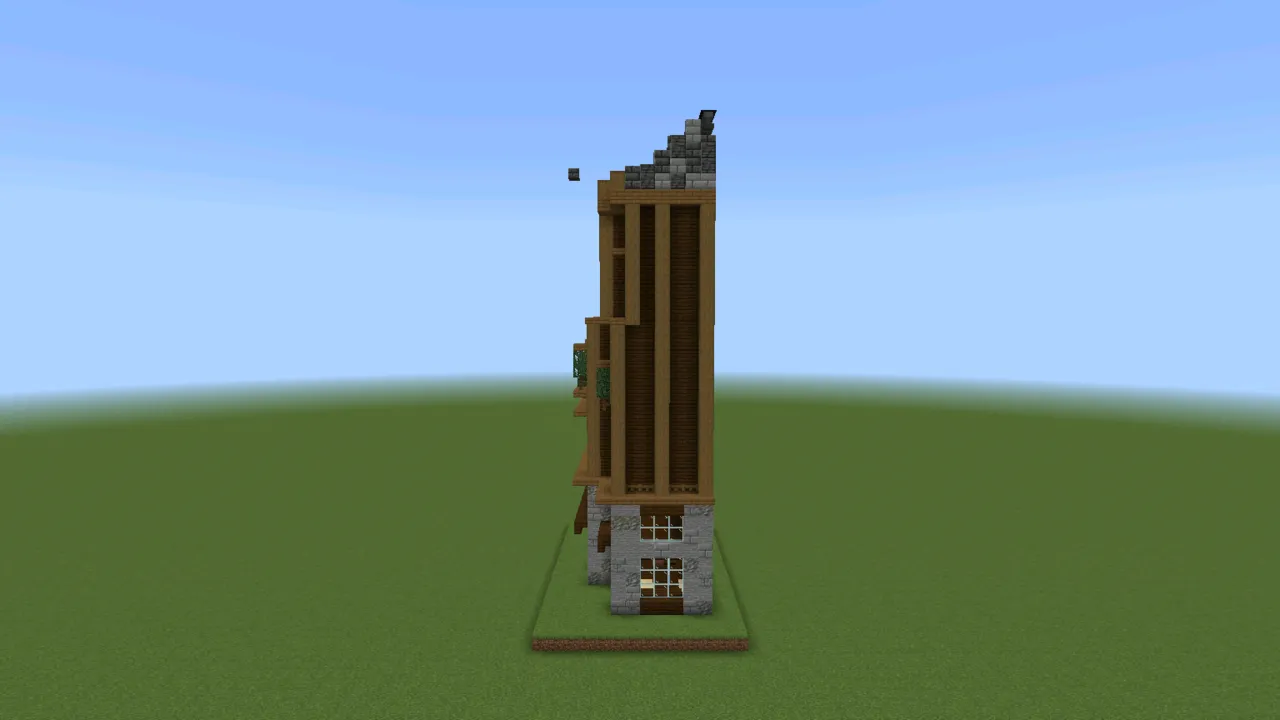 Tall Wooden Apartment Complex, wooden townhouse, at eye level from the front