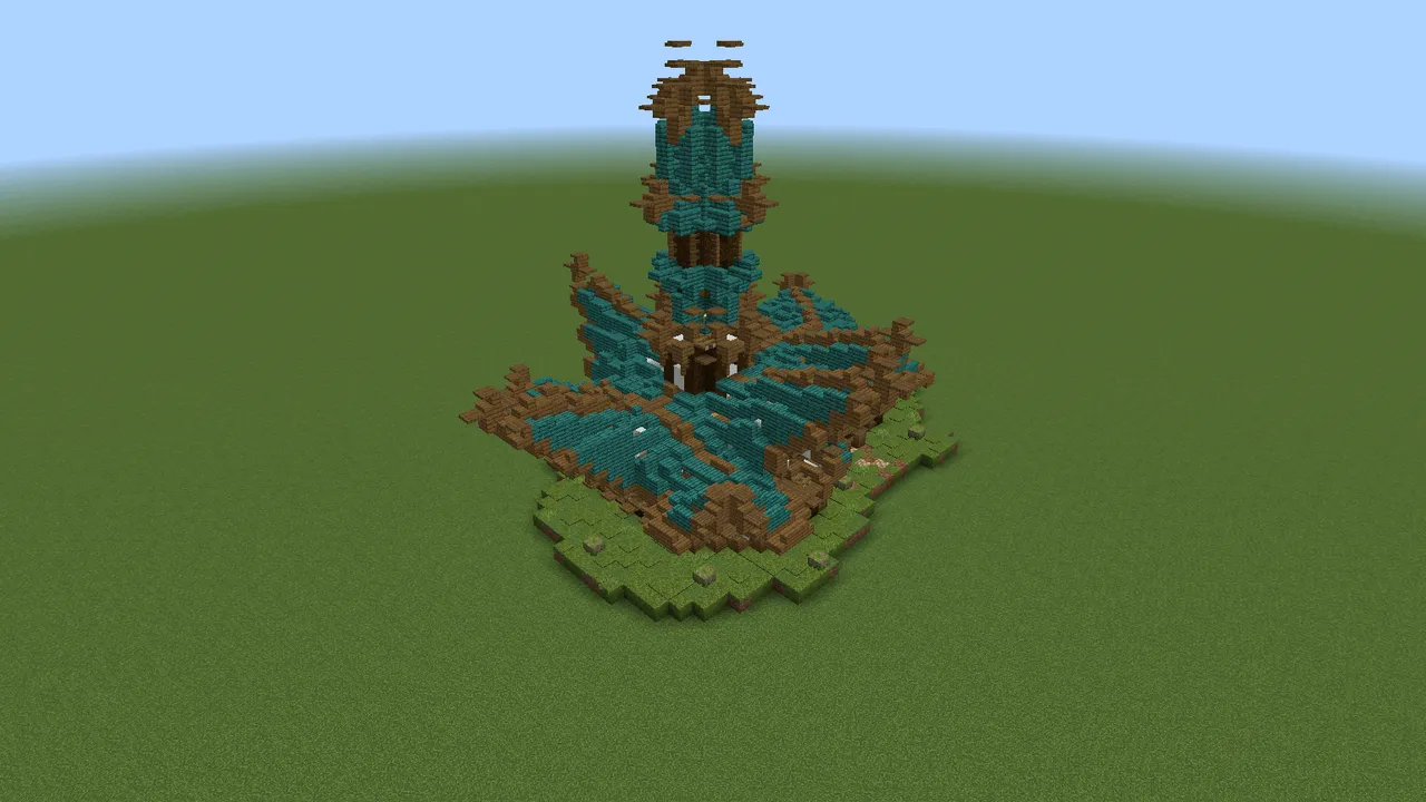 Teal Spire Cottage, fantasy house, seen from the back left