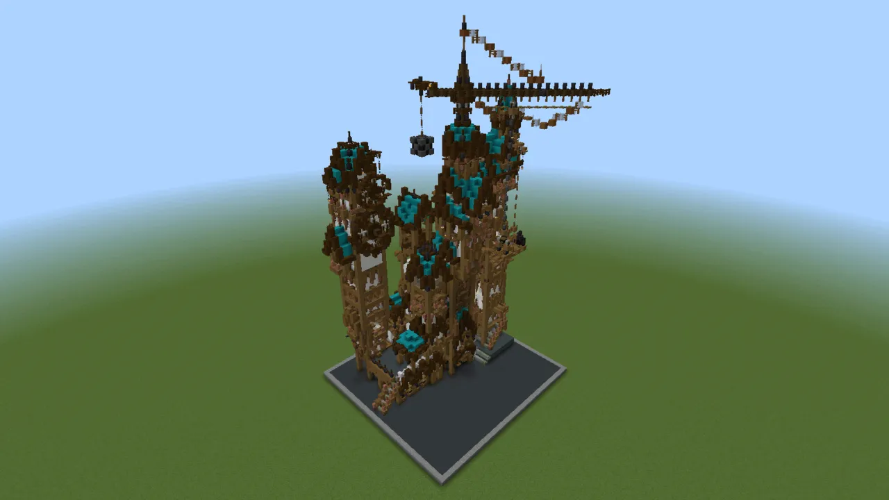 Teal Steampunk Residence, steampunk mansion, seen from the front left
