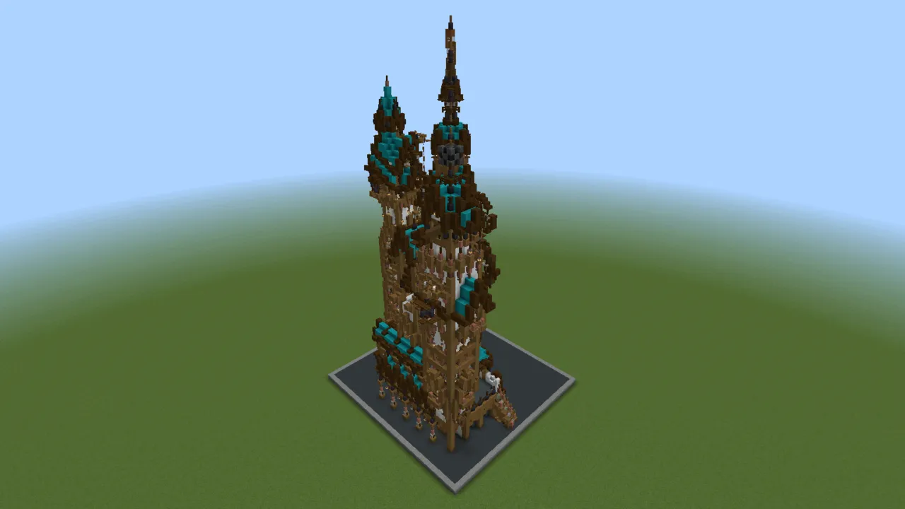Teal Steampunk Residence, steampunk mansion, seen from the front right