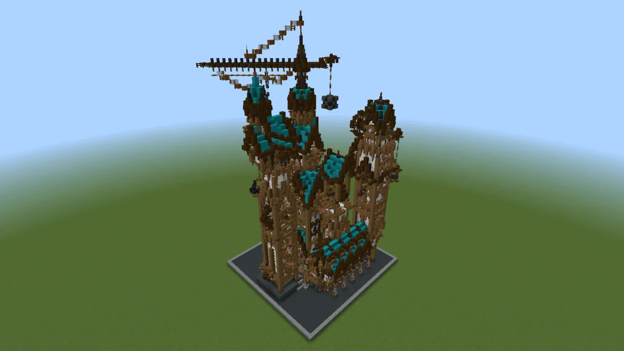 Teal Steampunk Residence, steampunk mansion, seen from the back right