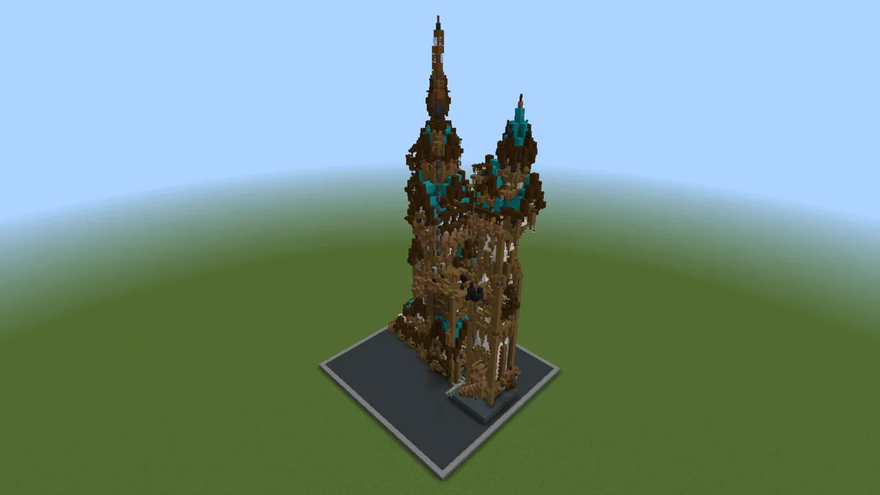 Teal Steampunk Residence, steampunk mansion, seen from the back left