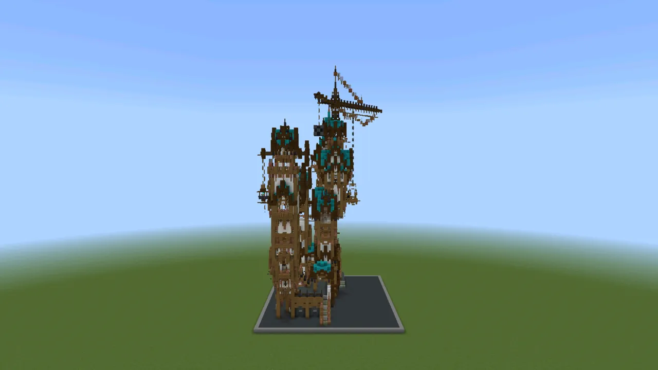 Teal Steampunk Residence, steampunk mansion, at eye level from the front